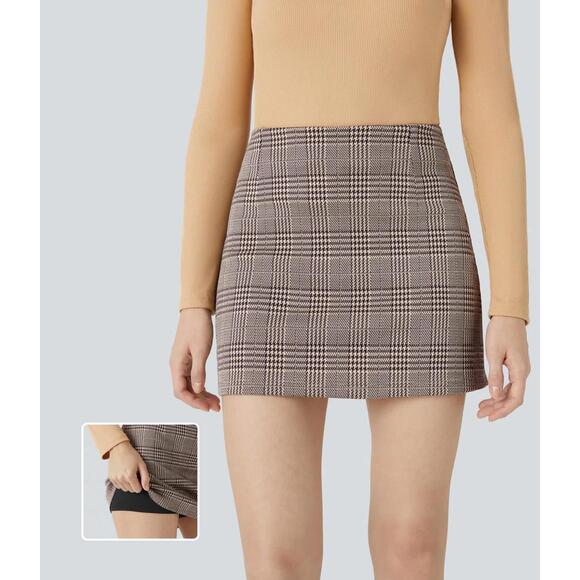 Halara Dresses & Skirts - NWT Halara High Waisted 2-in-1 Houndstooth Plaid Mini Work Skirt Brown Plaid L